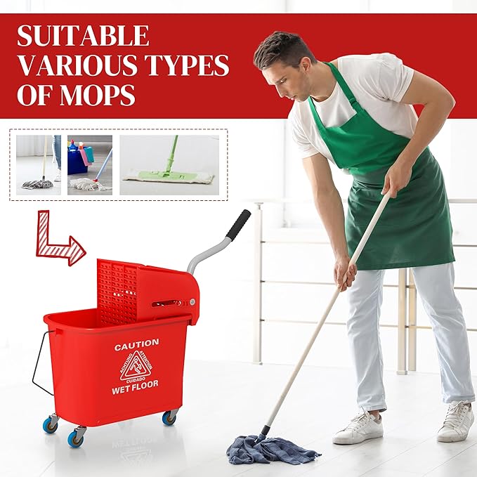 HOMCOM Compact Mop Bucket with Wringer on Wheels for Floor Cleaning, 21 Quart, Separate Dirty and Clean Water, for Home, Apartment, Red