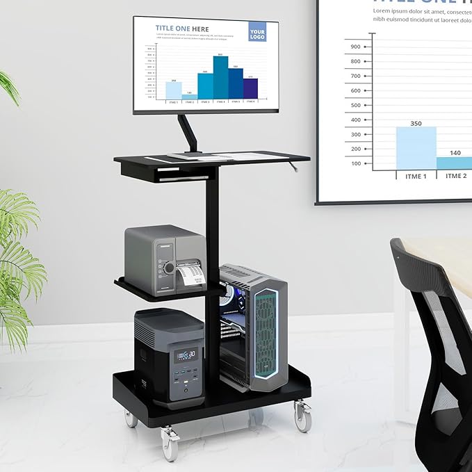 Natwind Mobile Workstation Cart with Monitor Mount,Height Adjustable Rolling Computer Cart, Heavy-Duty Rolling Standing Desk with CPU Holder for Home Office, School,Warehouse, Medical（Black）