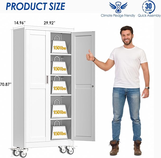 Metal Garage Storage Cabinet with Lock, Steel Tool Cabinet with 2 Door and 4 Adjustable Shelves, 71” Tall Lockable File Cabinet with Wheels, Rolling Cabinet for Home Office Garage Gym - White