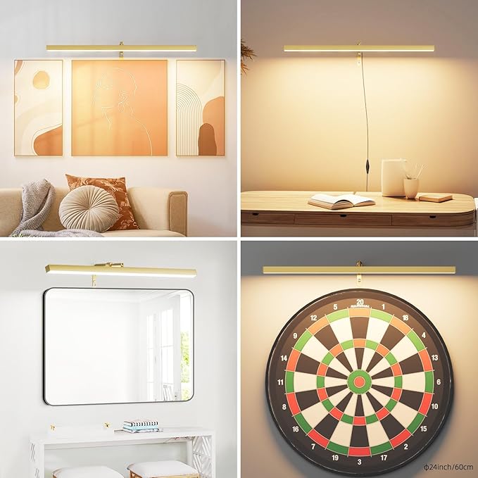 24" Plug in Picture Light for Paintings with Remote Control, 9W LED Art Display Lighting for Gallery, Dartboard, Artwork, Gold Finish Wall Mounted Picture Frame Light