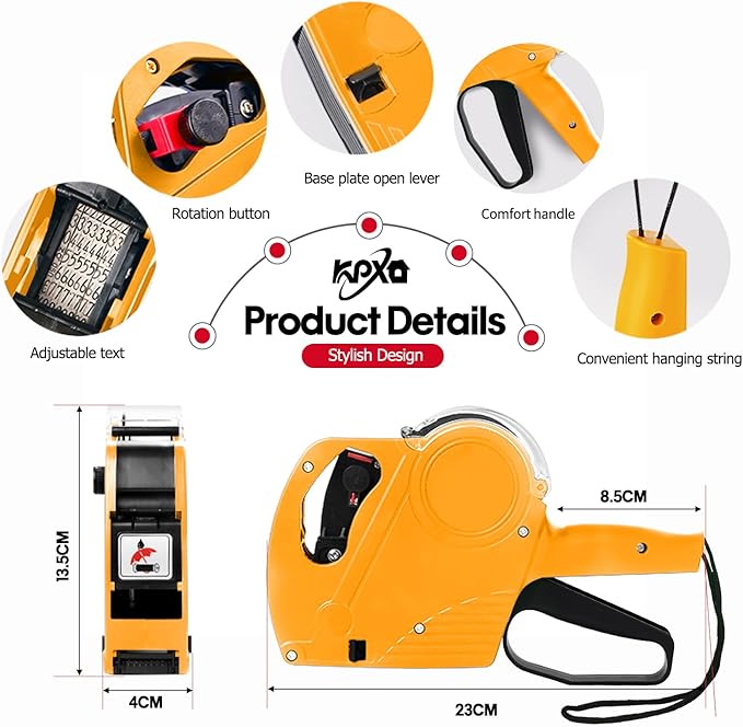 KPX Pricing Tag Gun, 8 Digits, 5150 White Labels, Yellow (Rectangular, Paper, 21*12 mm), One Touch Open System, Incl 3 Inker Rollers