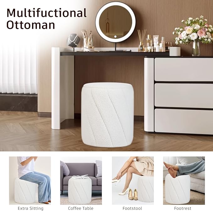 Modern Round Ottoman 2Pcs, Spiral-Tufted Foot Stool Ottoman, Teddy Fleece Upholstered Vanity Stool for Makeup, Bedroom, Living Room, White