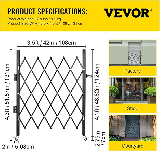 VEVOR Single Folding Security Gate, 51.57" H x 42" W Folding Door Gate, Steel Accordion Security Gate, Flexible Expanding Security Gate, 360° Rolling Barricade Gate, Scissor Gate or Door with Padlock