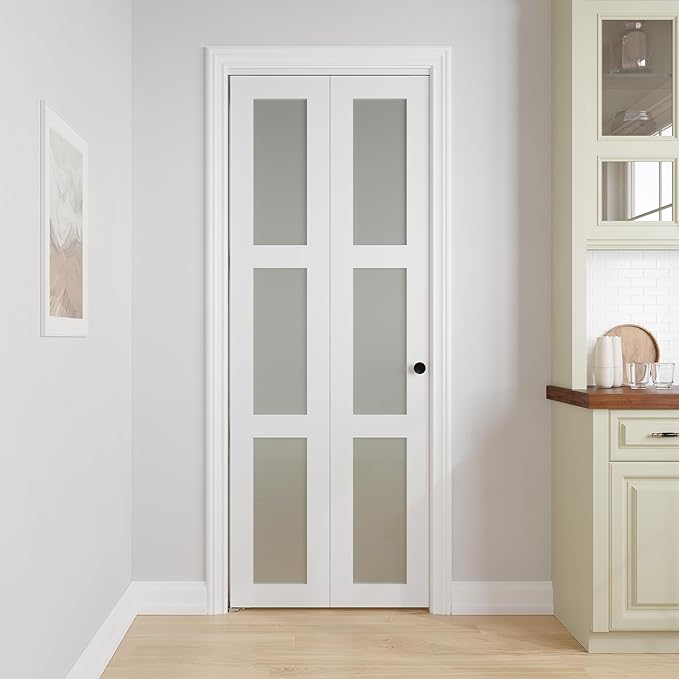 Bifold Doors for 32" x 80-3/4" Opening, 3-lite Tempered Frosted Glass Closet Folding Doors with Hardware kit Included, Easy Assembly, White