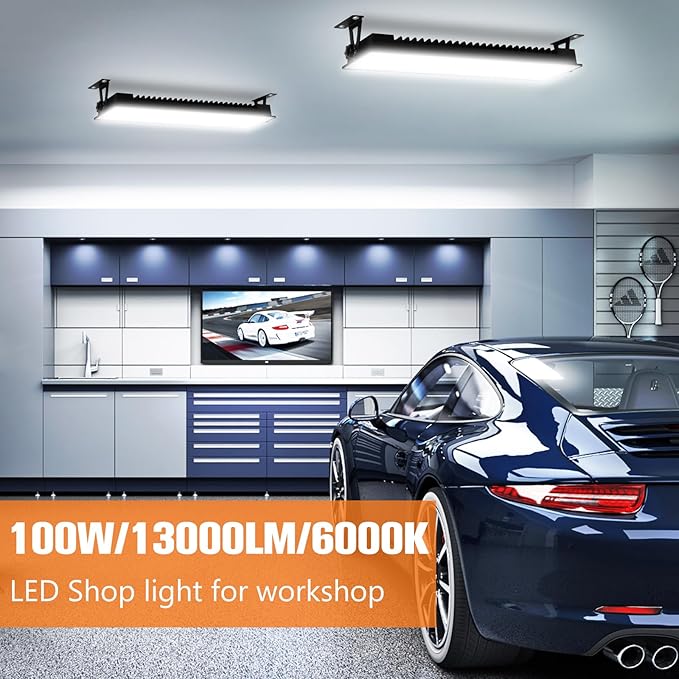 2 Pack LED Shop Lights, 100W 13000LM 6000K Super Bright LED Work Light, IP66 Waterproof Flood Light Outdoor with Plug, LED Shop Lights for Workshop, Garage, Shop, Outdoor