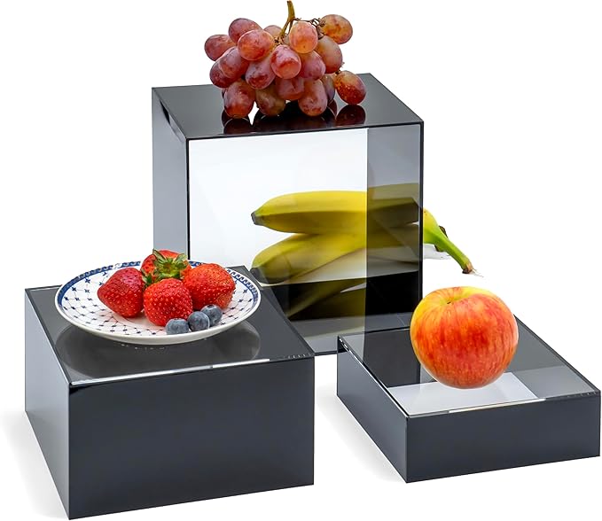Red Co. Set of 3 Glossy Black / Clear Top Acrylic Cube Display Nesting Risers with Hollow Bottoms
