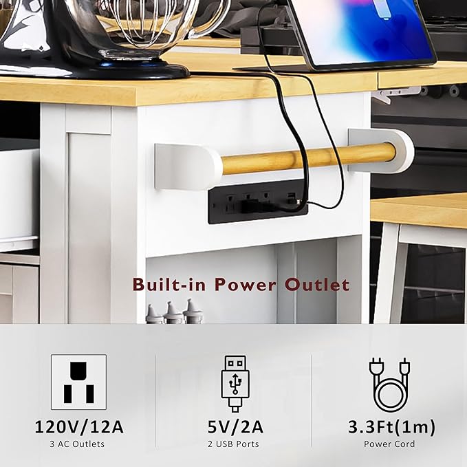 Rolling Kitchen Island with Drop Leaf & Power Outlet, Large Kitchen Islands Cart on Wheels, Movable Kitchen Island with 5 Open Storage Shelves & Towel Rack for Kitchen, Dining Room, 48-Inch, White