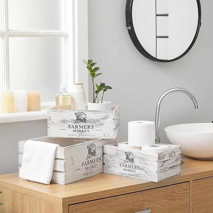Barydat Set of 5 Wood Crates for Display Decorative Nesting Wooden Crate Storage with Handles Vintage Farmhouse Style Decorative Boxes Multipurpose Fruits Vegetables Boxes (Rustic White,Elegant)