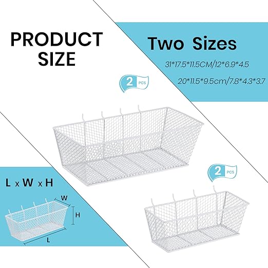 Sieral 4 Pcs Pegboard Baskets Metal Wire Shelf Baskets Peg Board Organizer Accessories Wall Mount Organizer Attachments for Garage Workbench Various Tool Accessories, 2 Sizes (White,Medium, Large)