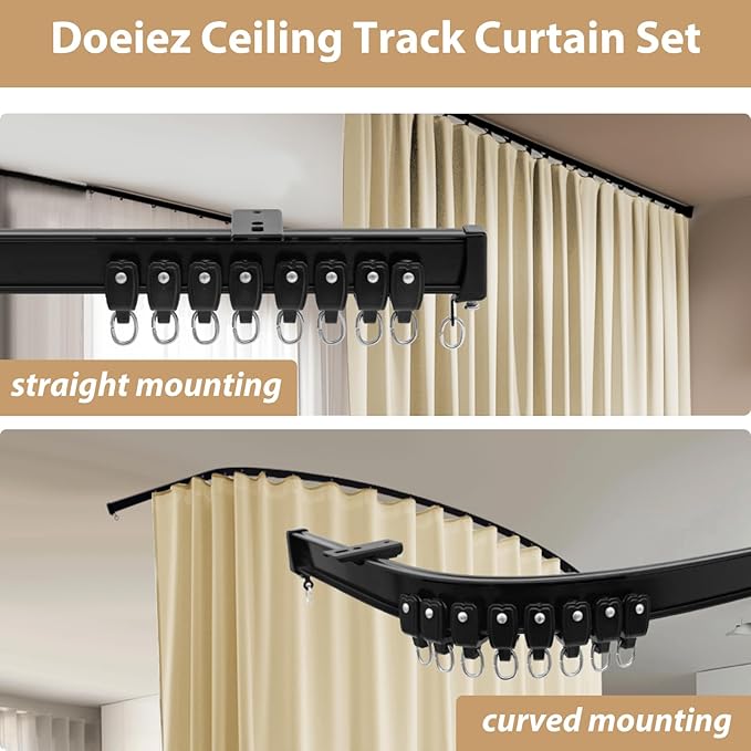 Room Divider Blackout Curtains Flexible Sliding Tracks Sets Ceiling Mounted Rod Window Curtain Privacy Separation for Bedroom Living Rooms,1 Panel Beige Drape and Black Track Set-W180xH72 in