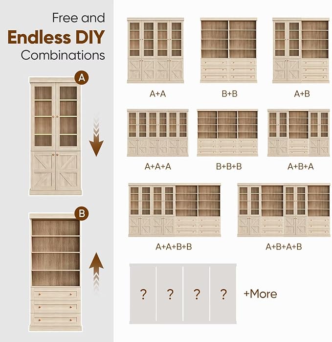 Vyre 71" Tall Farmhouse Bookshelves with Drawers, Set of 2 – Large Modular Bookcase with Adjustable Shelves, Storage Cabinet for Living Room, Kitchen, Home Office, Brown