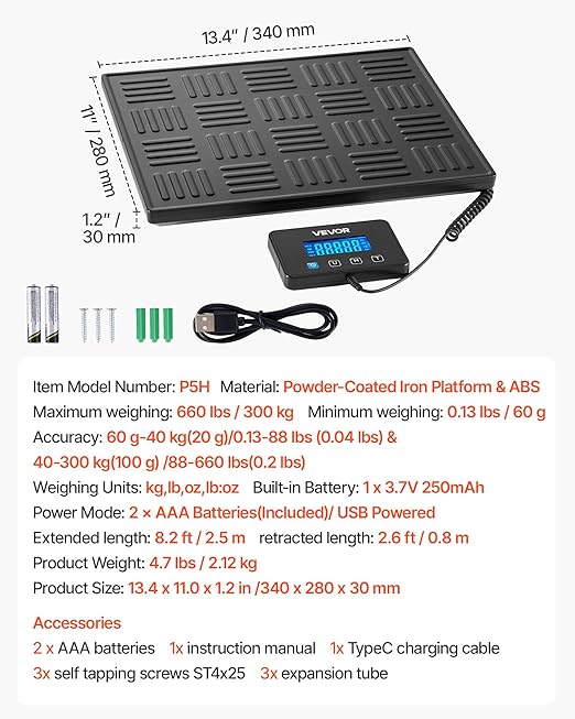 VEVOR Digital Postal Scale, 0.7 oz/3.5 oz Dual Accuracy, 660 lbs Commercial Weight Scale with Hold/Tare Function & LCD Display, Fit for Packages, Postage, Luggage, Battery & Charging Cable Included