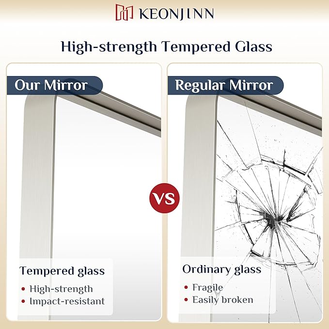 Keonjinn 40 x 24 Inch Brushed Nickel Bathroom Mirrors for Over Sink, Rounded Rectangle Silver Bathroom Vanity Mirror, Farmhouse Mirror for Wall, HD Tempered Glass, Anti-Rust Aluminum Alloy Mirror