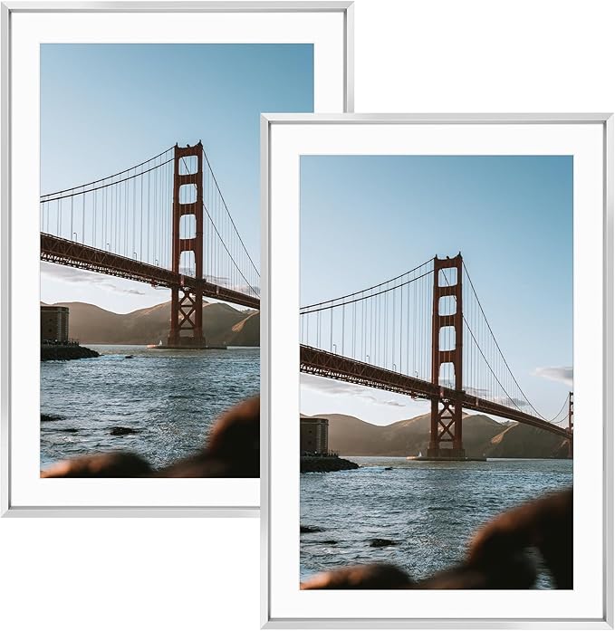 Frametory, 13x19 Metal Picture Frame with Mat for 11x17 Picture & Real Glass, Aluminum Photo Frame Collection (Silver, 2 Pack)