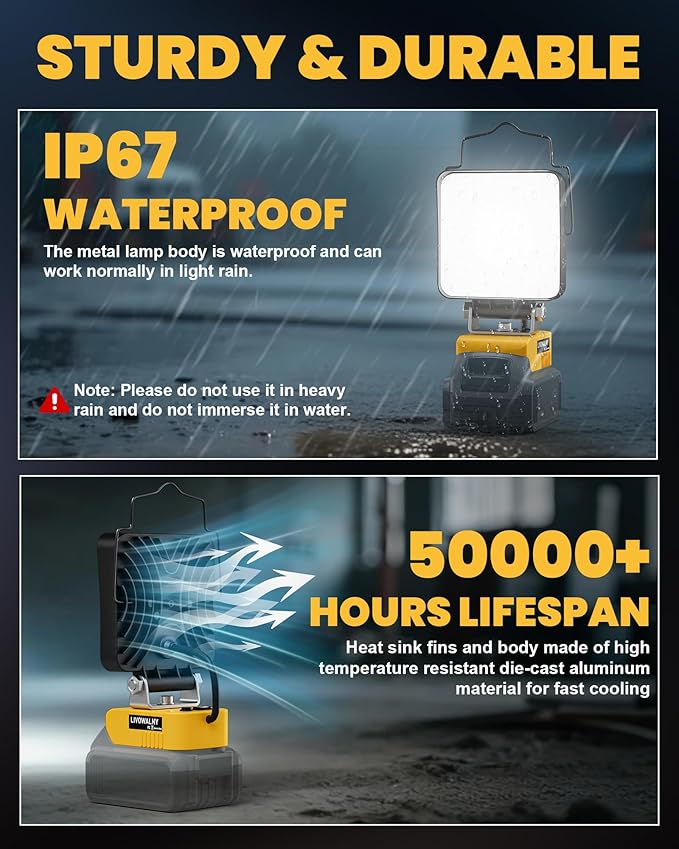 LIVOWALNY Cordless LED Work Light Compatible with Dewalt 20v Battery, 70W 7000LM Flashlight Portable LED Flood Battery Light with USB A & USB C Charging Output Port for Emergency Outdoors and Job Site