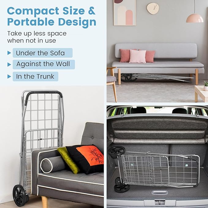 COSTWAY Folding Shopping Cart, Metal Grocery Cart with Extra Basket, 360° Swiveling Front Wheels & Comfortable Handle, Light Weight Collapsible Utility Cart for Laundry, Camping (Silver)