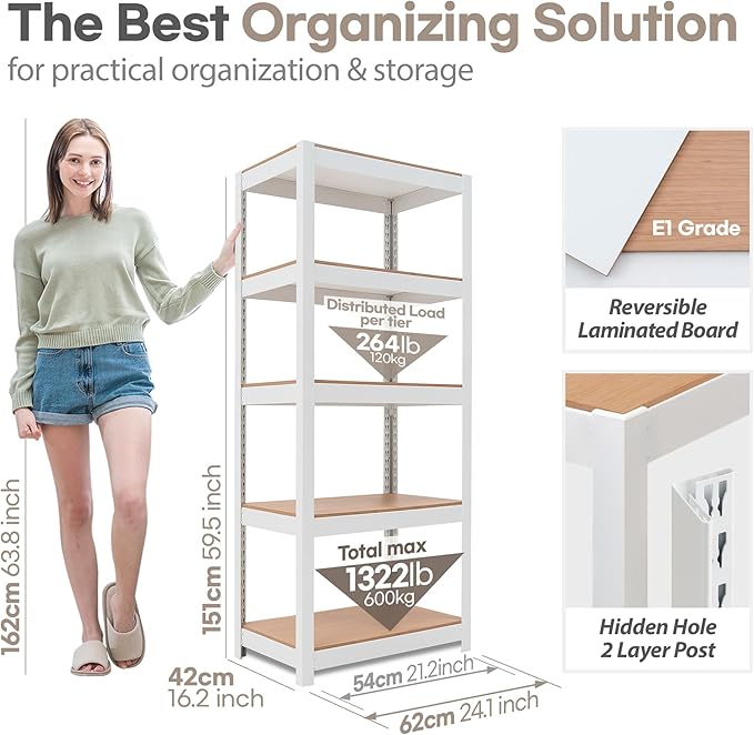 HOMEDANT House 5 Tier Laminated Metal Shelving Unit Adjustable Storage Utility Rack Heavy Duty Shelves Organization Multipurpose Shelf Kitchen Garage Pantry Closet (10, (S) 24.4" W, White)
