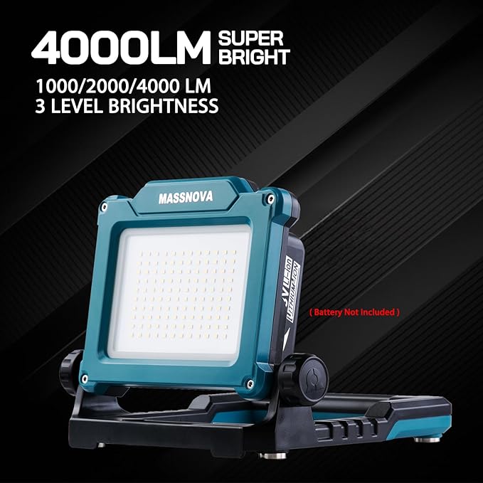 4000LM 25W Cordless Work Light Compatible with Dewalt, Makita and Milwaukee 18-21V Power Battery, Brightness Adjustable, Flicker Free (Battery Not Included)
