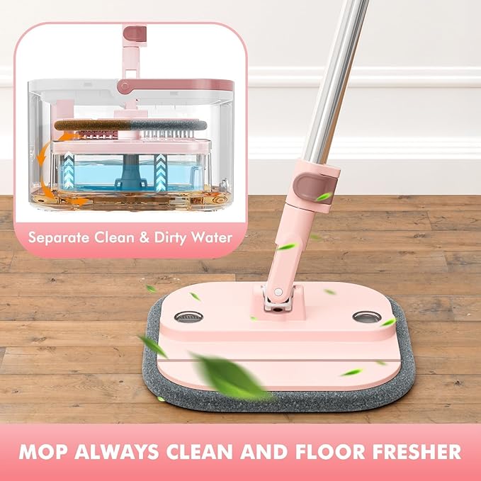 Upgraded Spin Mop and Bucket System Set, Self Separate Clean and Dirty Water, Foldable Square Standing Mop Head with Microfiber Mop Pads, Detachable Bucket (Pink, Mop Set with 2PC Pads)