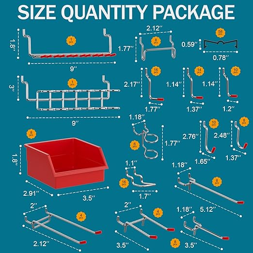 Peg Board kit with Accessories, Heavy Duty Steel Pegboard Kit with 180 PCS Varied Pegboard Accessories, Ideal for Tool Storage and Garage Organization, 16-Inch X 36-Inch, 2 Pack (Red Box)