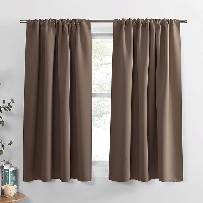 PONY DANCE Basement Window Curtains - Small Window Drapes for Cafe Bedroom Rod Pocket Room Darkening Curtain for Bathroom/Nursery/Kitchen, 34 inch Wide x 45 inch Long, 1 Pair, Mocha