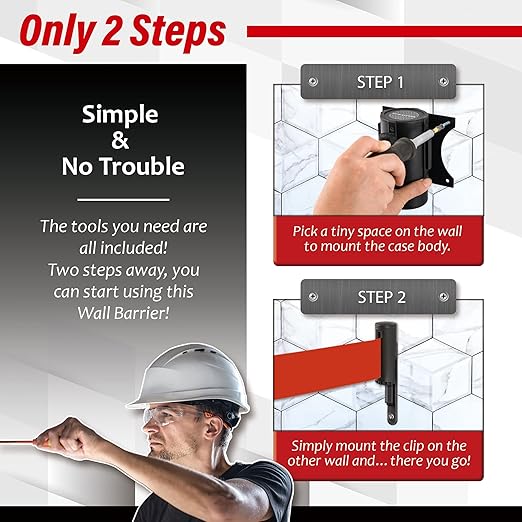DuraSteel Wall Mount Retractable Belt Barrier - 9.2 Ft Red Safety Belt in Sturdy Black Casing - Guardian 1.0 Indoor & Outdoor Do Not Cross Caution Tape for Crowd Control Queue Barrier, Line Divider