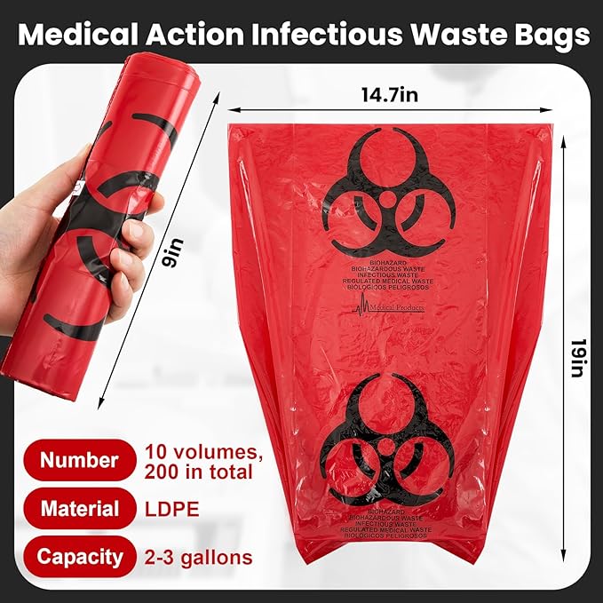 Geiserailie 200 Pcs 10 Roll 14.5" x 19" Biohazard Waste Bags 3 Gallon Infectious Red Trash Liner No Leak Hazardous Waste Containers with Hazard Symbol for Medical Waste Disposal Safe Hospital Supplies