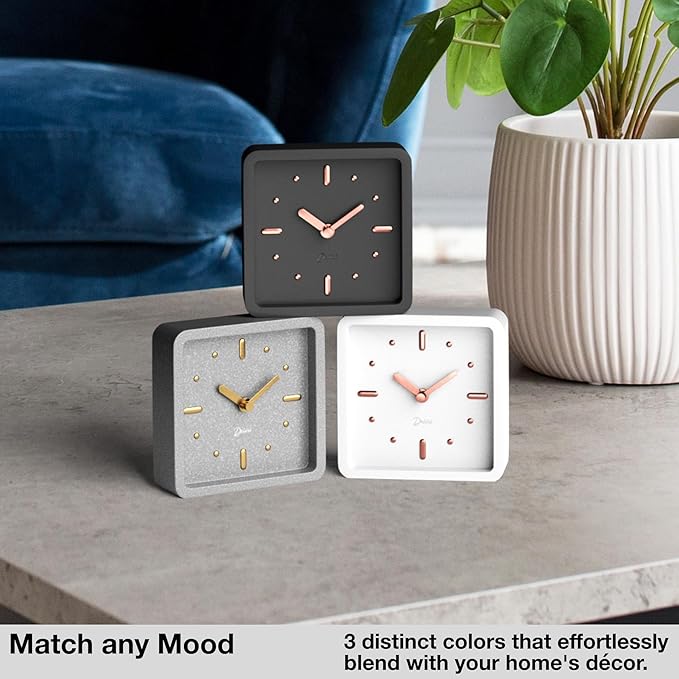Driini Modern Mid Century Desk & Shelf Clock (Black Rose Gold) - Battery Operated with Silent, Analog Movement – Small Tabletop Clocks for Office – Perfect for Mantle, End Table, Desktop or Nightstand