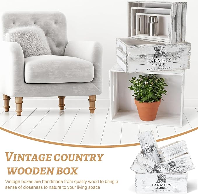 Barydat Set of 5 Wood Crates for Display Decorative Nesting Wooden Crate Storage with Handles Vintage Farmhouse Style Decorative Boxes Multipurpose Fruits Vegetables Boxes (Rustic White,Elegant)