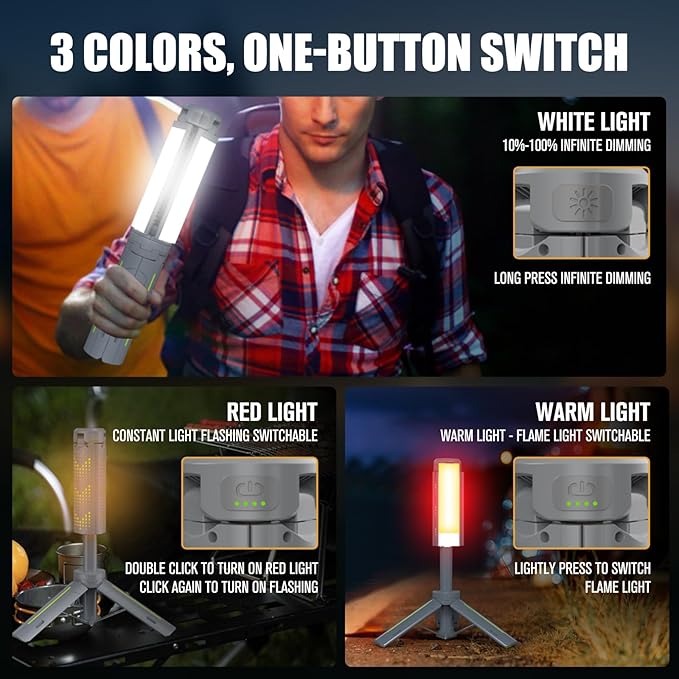 BUBRA Rechargeable Telescopic Camping Light with Power Bank & Stand, IP44 Waterproof Stepless Dimming Work Light & Flashlight, 3-Mode Portable LED Lantern for Emergency, Outdoor, Garage, Power Outages