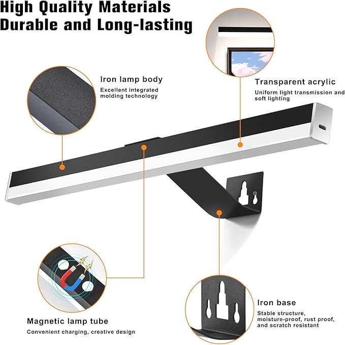 Wireless Picture Lights, 22inch Rechargeable Battery Operated Art Display Light with Remote Control, Over Mirror Magnet Vanity Lighting for Picture Frame Bathroom