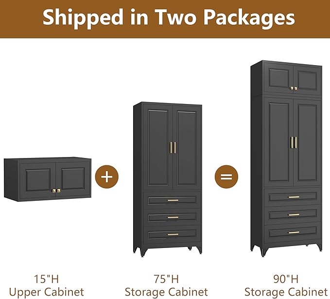 Kitchen Pantry Cabinet, 90" Tall Cabinet with Three Drawers, Metal Food Pantry Cabinet and Shelves, Freestanding Cupboards for Dining, Living Room, Black,16" D x 32" W x 90" H, Assembly Required