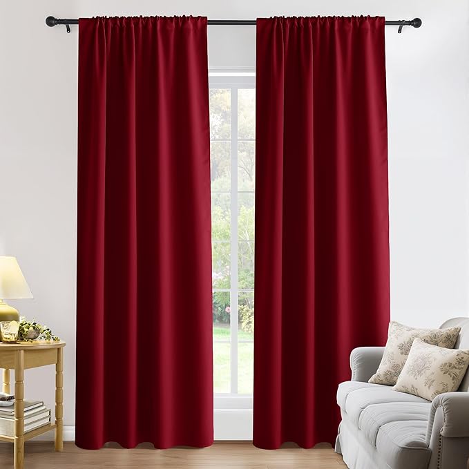 PONY DANCE Christmas Bedroom Curtain Panels Blackout Draperies, Home Decorations Thermal Insulated Solid Rod Pocket Blackout Curtains/Drapes for Winter (2 Panels, 42 x 80-Inch, Burgundy Red)