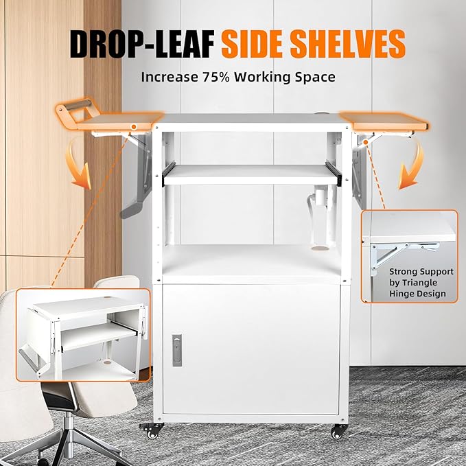 Large Steel AV Cart with Wheels and Drop Leaves, Height Adjustable AV Cart with Locking Cabinet and Power Strips, Rolling Computer Workstation with Pullout Keyboard Tray for Office & Classroom