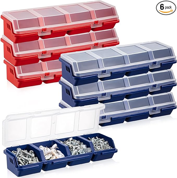 Hushee 6 Pcs Screw Organizer Box with Lid 4 Compartments Tool Bin Divider Plastic Stackable Hardware Organizer Small Part Storage Sorting Screw Box for Garage Workbench Craft Storage (Blue,Red)