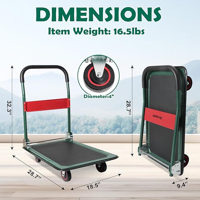 LEADALLWAY Foldable Push Cart Platform Cart (Green 330lbs with 2 Ropes, 28.7x18.5x32.3inches)