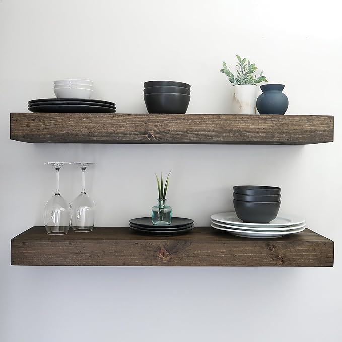 Urbandi Modern Floating Shelves 3 Inches Thick for Wall, Wide Shelves for Kitchen, Living Room, Bedroom, and Bathroom, Natural Pine Wood, Rustic Wooden Shelf, (Set of 2) (Jacobean, 48Lx3Hx8D)