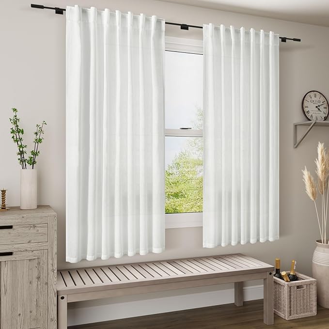Nanspring 48 Inch Linen Curtains, White Light Filtering Curtain Back Tab and Rod Pocket Neutral Modern Farmhouse Coastal Decor Curtains for Living Room Bedroom 34 x 48 Inch, 2 Panels