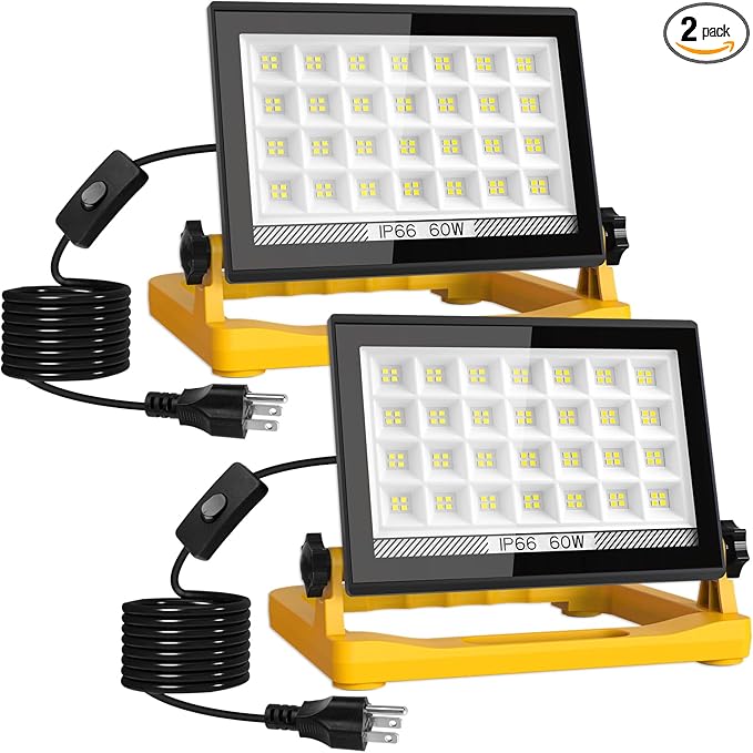 T-SUN LED Work Light with Stand, 60W 6000K Portable Work Light with 13FT Cord, 3 Modes, Magnetic Base & Hook, Adjustable Job Site Light for Garage, Workshop, Construction-2 Pack