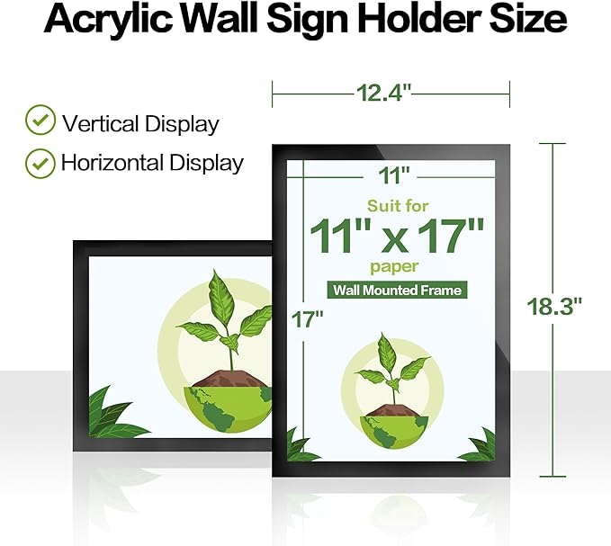 Acrylic Magnetic Sign Holder Wall Mount, Self Adhesive Magnetic Display Frame with Nano Tape and Strong Magnetic Border for Wall, Door, Glass, Home, Store, Office (Black, 11" x 17" / 5 Pack)
