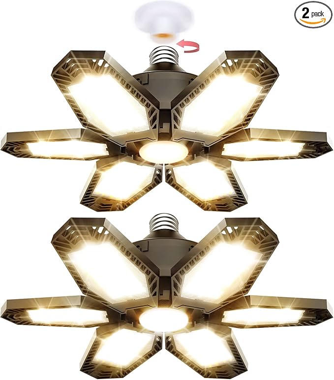 TANBABY 2 Pack Garage Light Warm 150W Led 3000k Garage Lighting 12000LM [Equivalent] Deformable Garage Light Ceiling with 6 Panels E26/E27 Base Illuminator 360 Basement Lights for Shop