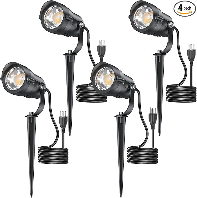 HIBOITEC 12W Spot Lights Outdoor 120V Landscape Lighting Waterproof Spotlight with 4.9ft 3-Plug LED Plug in Landscape Lights for Yard Gardern Decorations 2900K 4Packs