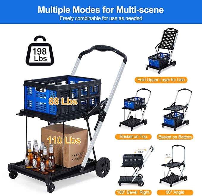 2-Tier Collapsible Shopping Cart, Foldable Grocery Cart with 198 lb Capacity, Wheels & Removable Crate, Portable Utility Trolley for Home, Groceries, Supermarket, Mall, Market, Blue