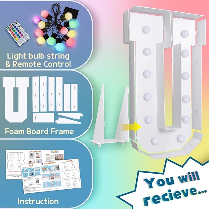 imprsv 4FT Colorful Marquee Letters U, 18 Colors Large Light up Letters Alphabet Sign with Remote, Large Marry Me Sign, Birthday Party Decorations Anniversary Wedding Decoration