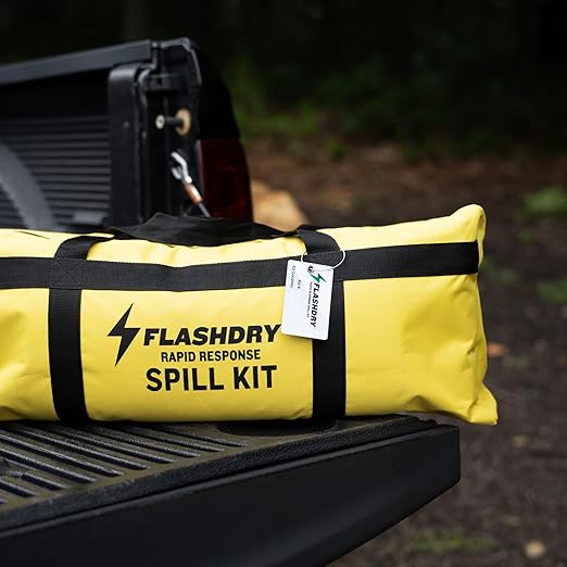 Set of 2 Flashdry Portable Complete Spill Kits with Yellow Duffle, Bag Tag, 15 Spill Absorbent Pads, 2 3"x4' Sorbent Socks, Disposal Bags, Nitrile Gloves