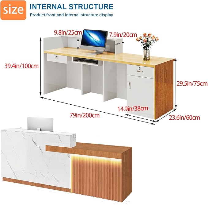 Reception Desk with Counter LED Light and Lockable Drawers and Storage Tall Modern Front Desk Reception Counter for Checkout Lobby Beauty Salon B Left 79inch/200cm