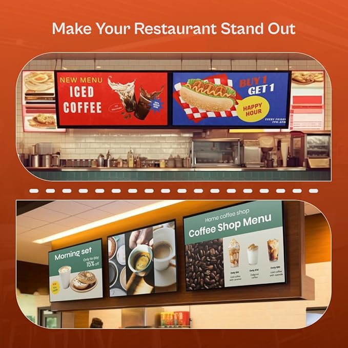 Digital Signage Player for Restaurants – No Subscription Needed, Includes Free Upload & Menu Scheduler, Unlock Affordable Premium Tools: Template Builder & AI Enhancer