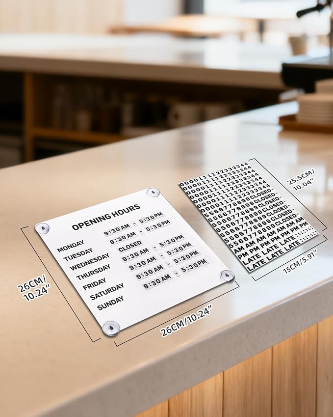 Metal Business Hours Sign with Suction Cups - Magnetic Open Closed Display Board for Storefront Window, Glass Door, Tile Wall & Counter - Changeable, Reusable & Rust-Resistant Steel Kit