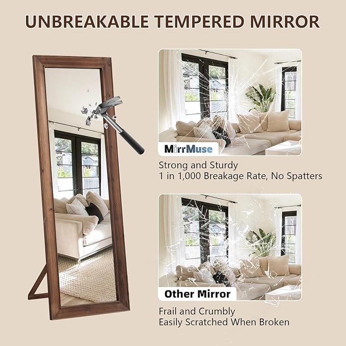 Rustic Floor Full Length Mirror Wood Frame, 56"X21" Farmhouse Free Standing Mirror for Bedroom Living Room Entryway, Hanging or Leaning Wall-Mounted, Tempered Glass, Brown