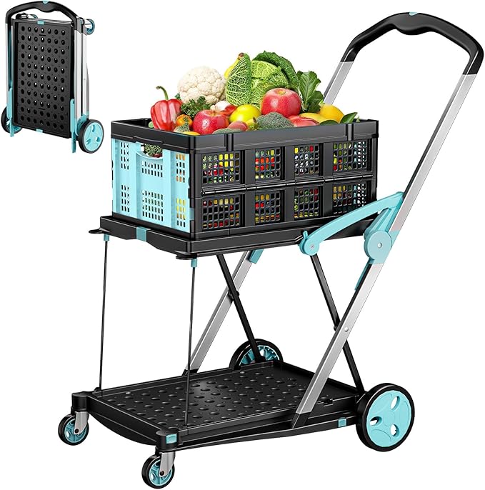 Foldable Shopping Cart, 200 lbs Capacity Grocery Carts on Wheels with Collapsible Crate Heavy Duty Collapsible Cart with Foot Brake for Groceries, Office, Warehouse and Supermarket